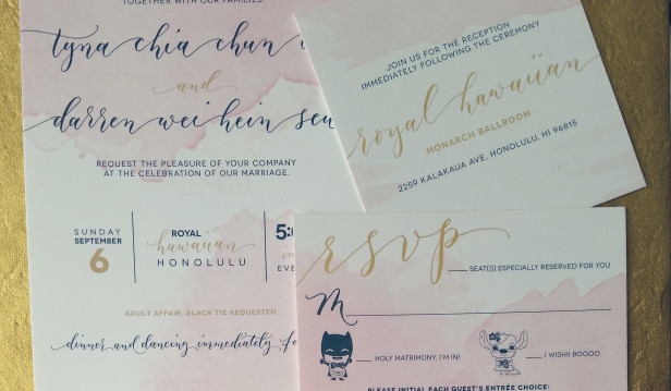 pale pink and blue wedding invitation