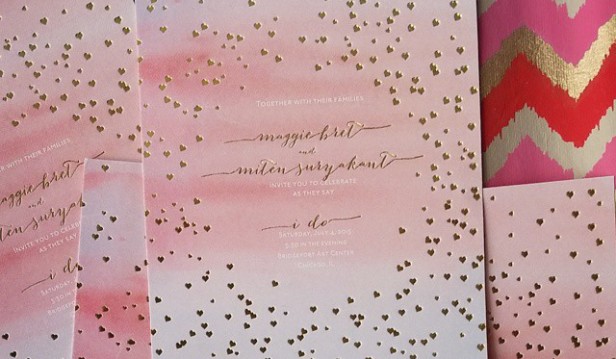custom pink and white letterpress wedding invitation cards