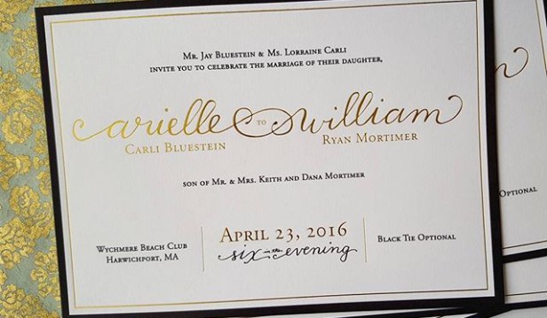 black, white and gold custom letterpress wedding invitation